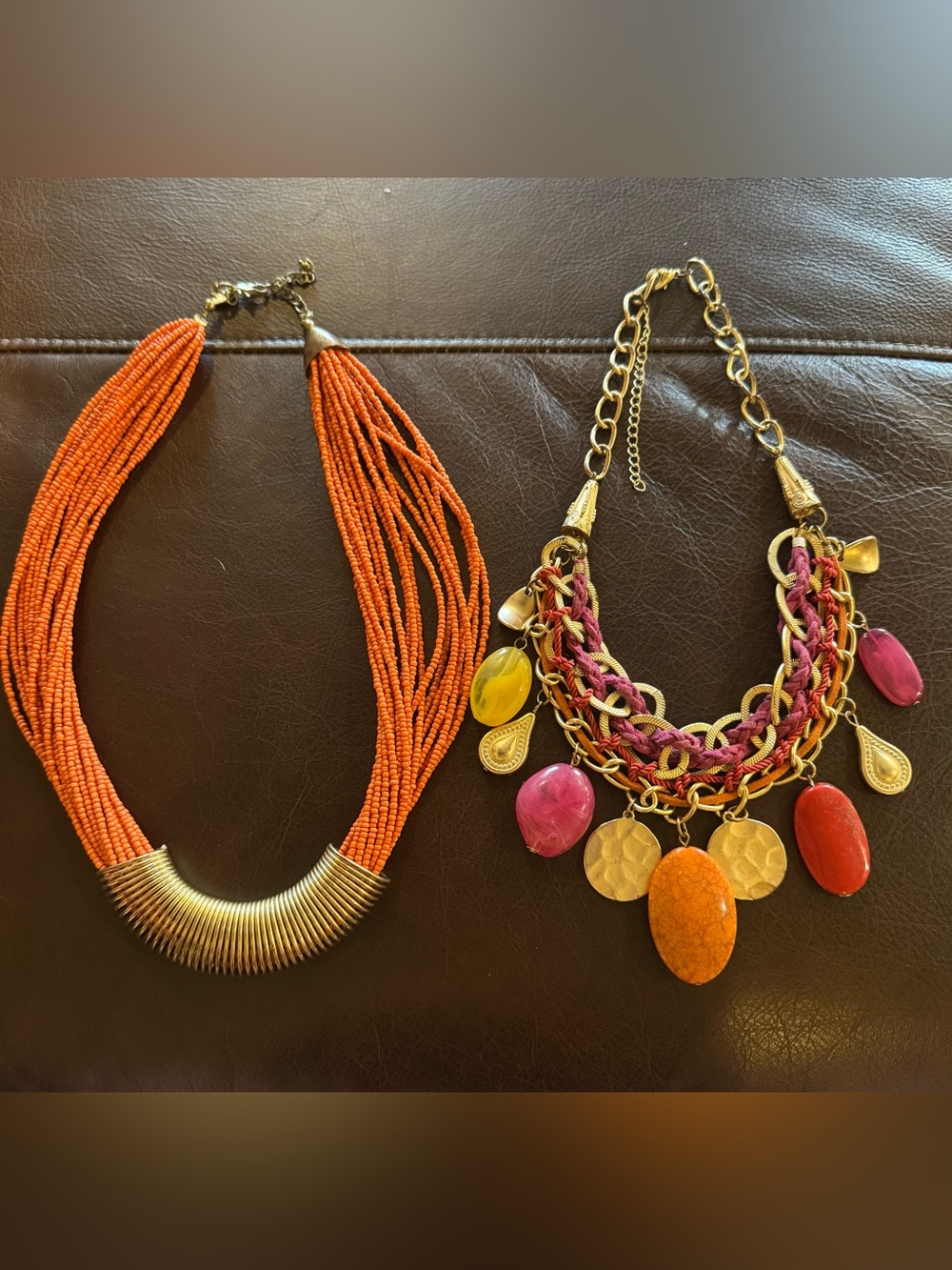 Two Orange and Gold Beaded Statement Necklaces - Women Jewelry